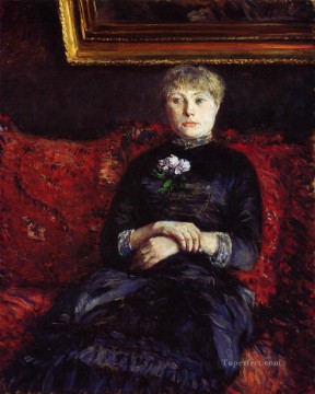  roja Obras - Mujer sentada en un sofá de flores rojas Gustave Caillebotte